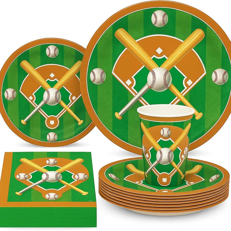 Oojami 120 pc Complete Party Pack Baseball 9" Dinner Paper Plates 7" Dessert Paper Plates 9 oz Cups 3 Ply Napkins Baseball Party Theme - Image 1